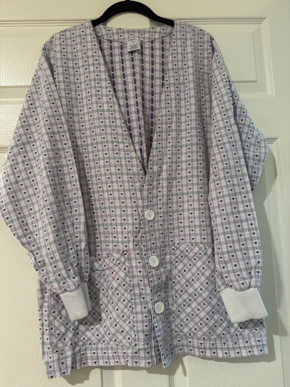 S.C.R.U.B.S. Womens Button-Up Cardigan M Purple Plaid Heart Print Cotton Made In